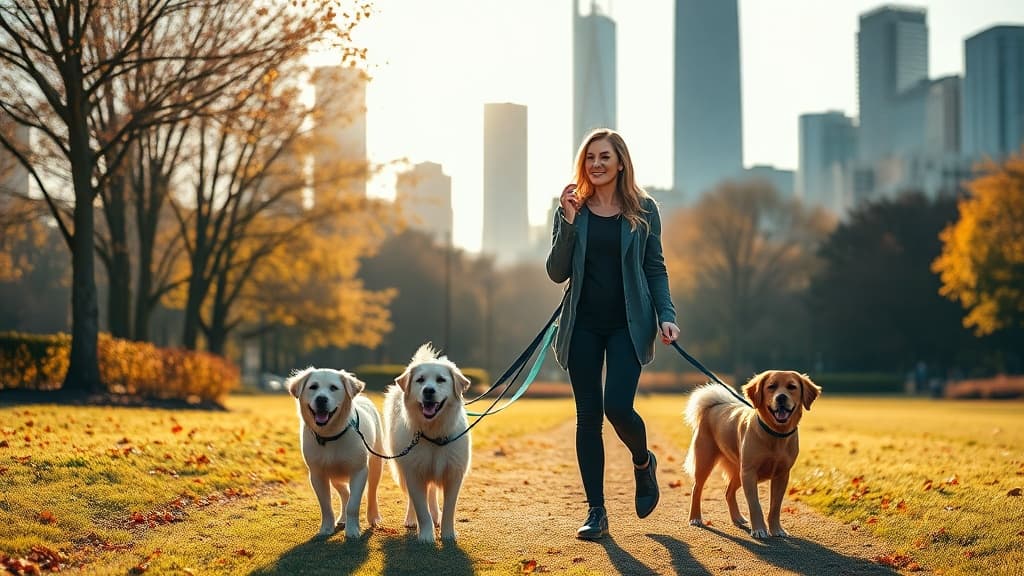 Professional dog walker with happy dogs in a park